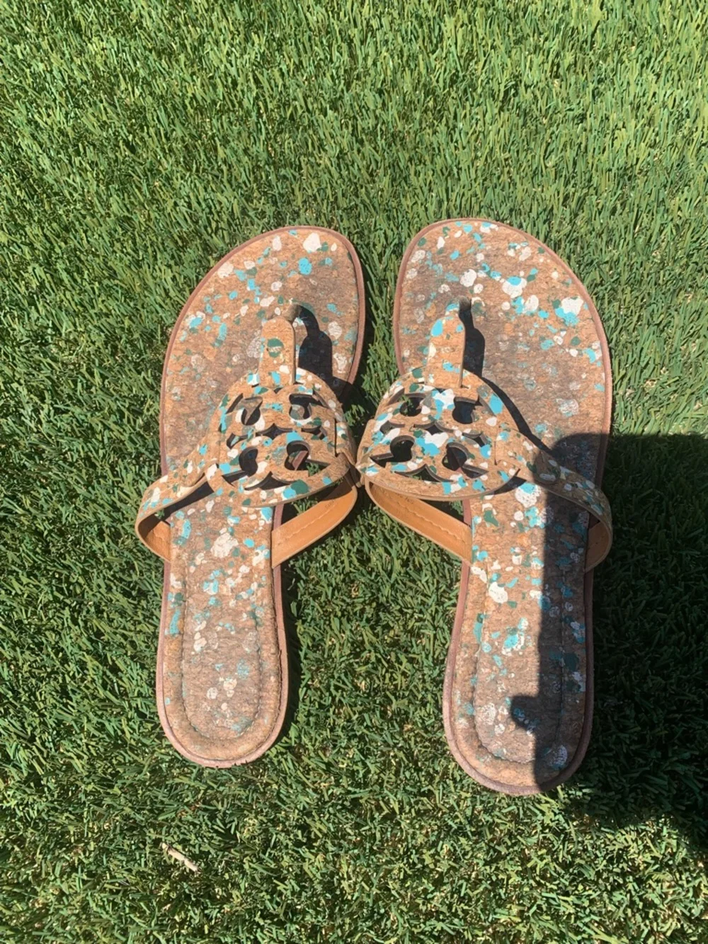 Tory Burch Tan Leather Miller Sandals with Turquoise & White Speckle